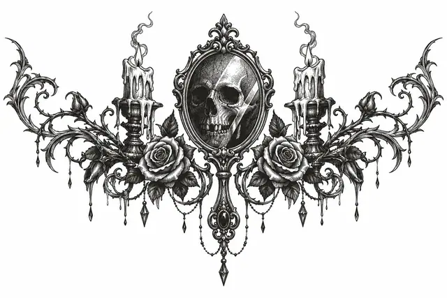 Engraving-style Victorian gothic tattoo design for the chest