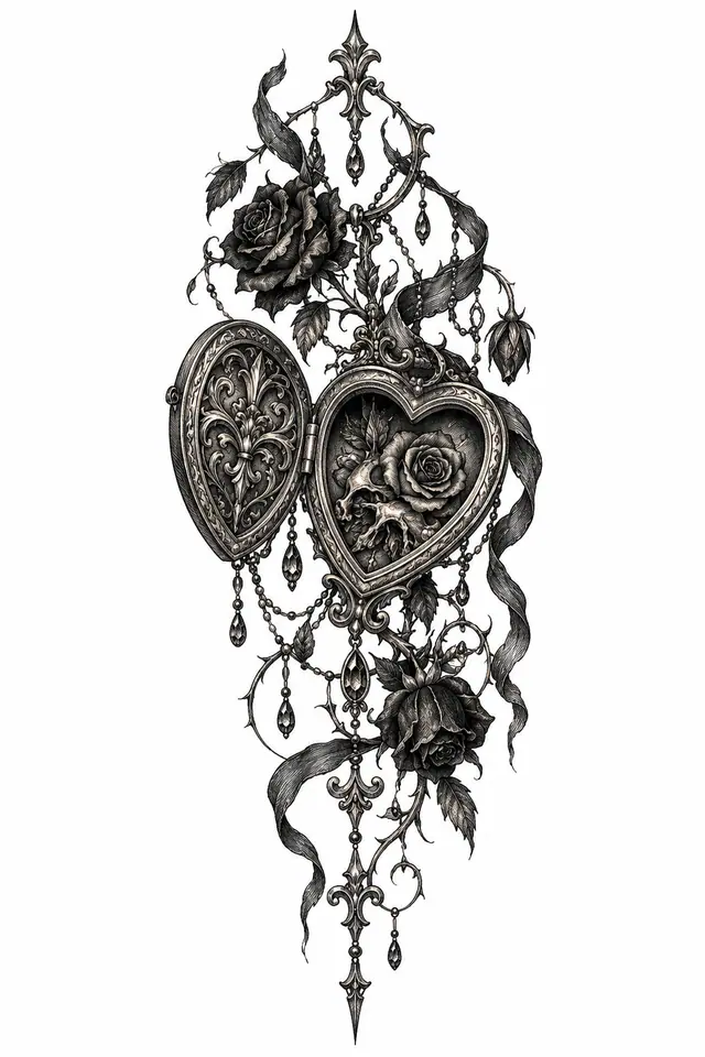 Engraving-style Victorian gothic tattoo design for the thigh
