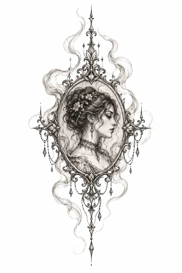 Fine-line Victorian gothic tattoo design for the hand