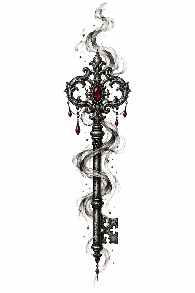 Red and black Victorian gothic tattoo design for the forearm