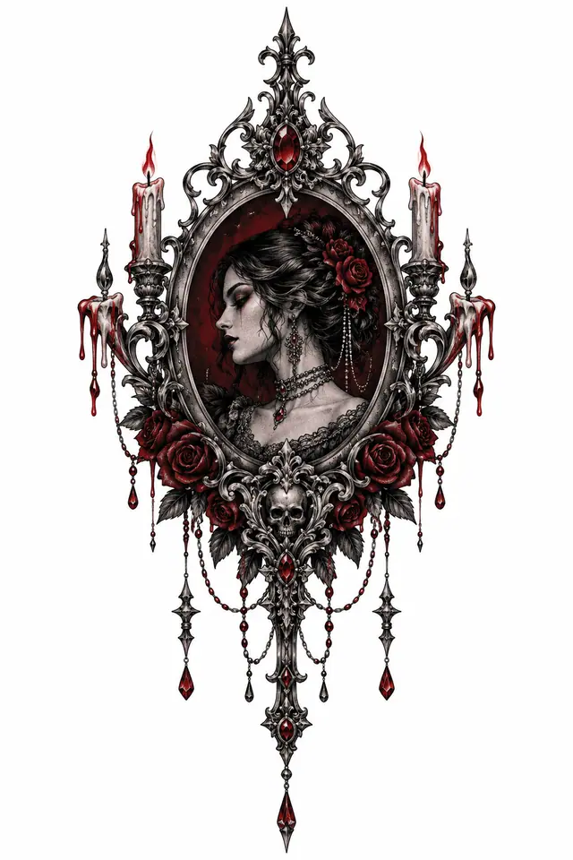 Red and black Victorian gothic tattoo design for the sternum