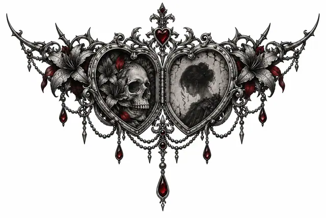 Red and black Victorian gothic tattoo design for the throat